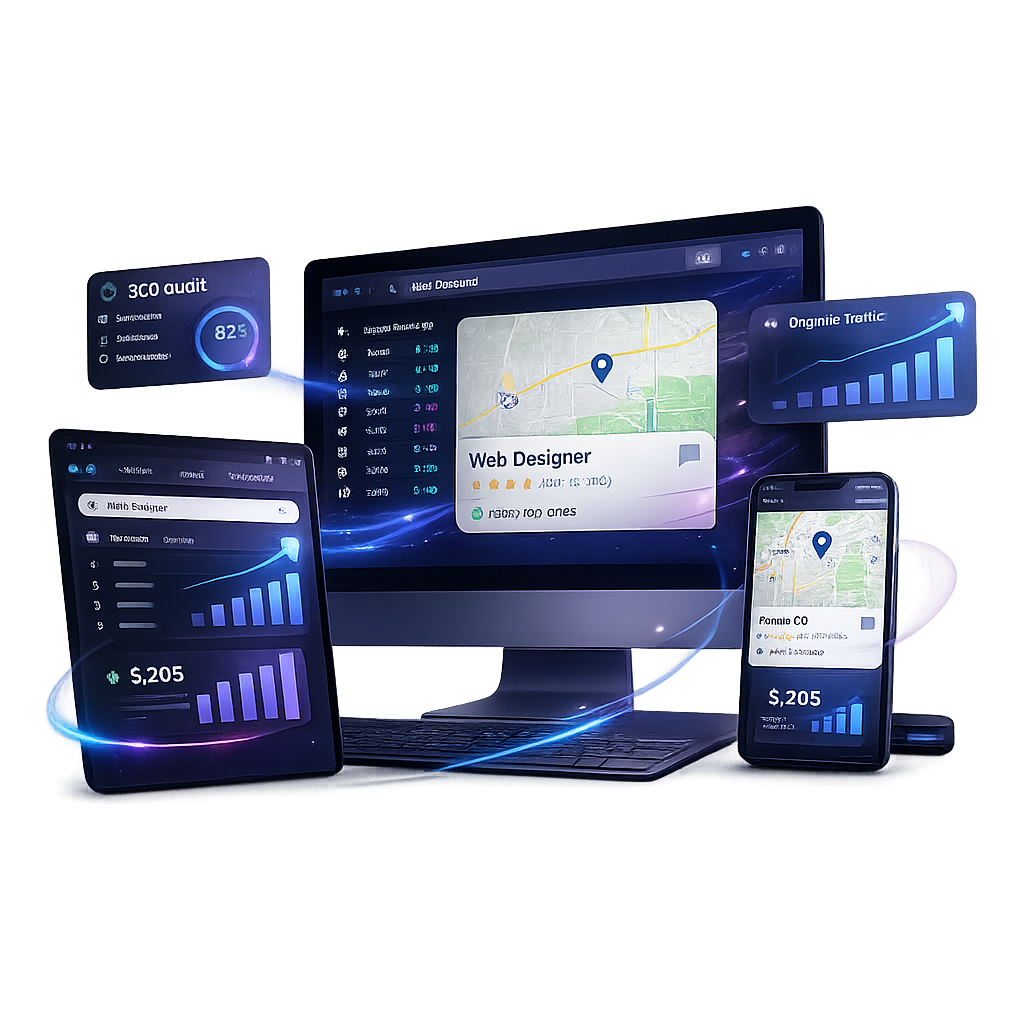 SEO services dashboard showing organic search visibility and website traffic growth