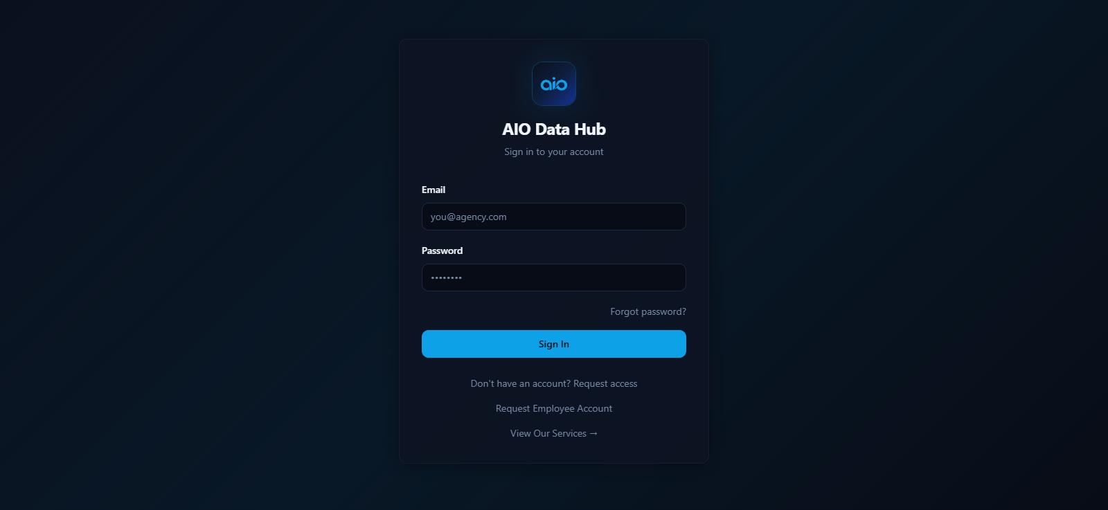 AIO Hub Analytics App Login Screen